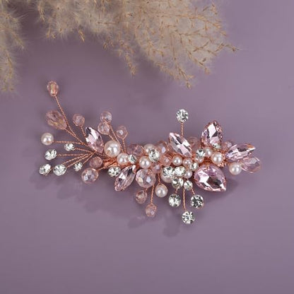Teyglen Bridal Rhinestone Hair Clip Pink Pearl Crystal Hair Barrette Sparkly Hair Piece Wedding Hair Clips Hair Accessories Jewelry for Women (Pink) - color: Pink