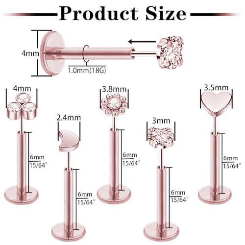 Uni-J 10pcs 20G/18G/16G Threadless Push-in Tragus Conch Cartilage Flat Back Helix Labret Monroe Lip Ring Daith Piercing Jewelry - color: 18G Rose Gold 6mm