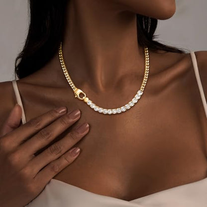 IMBOS 14K Gold Plated Chunky Chain Choker Necklaces for Women Chunky Gold Necklace Tennis Necklace for Women CZ Love Chain Cuban Link Choker Jewelry Gifts - color: Gold-Chunky Tennis