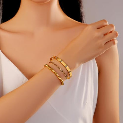 18K Gold Plated Bangle Bracelet Set for women,Cubic Zirconia Classic Stainless Steel Adjustable Gold Tennis Love Bracelets Stack for women and men - color: Beads Bracelet Set