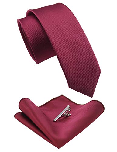 JEMYGINS 2.4" Solid Color Skinny Tie and Pocket Square with Tie Clip Sets for Men (6cm) - color: Burgundy