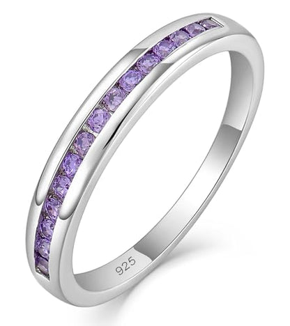 YL Stackable Rings 925 Sterling Silver Halo Birthstone Eternity Bands Jewelry for Women - color: 02-amethyst-Feb