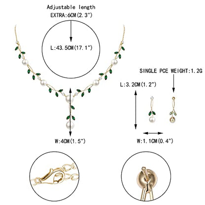 EVER FAITH Cubic Zirconia Pearl Leaf Vine Wedding Jewelry Set for Bride | Crystal Filigree Bridal Necklace Earrings, for Women Bridesmaid - color: 2pcs_Green Gold-Plated-Brass