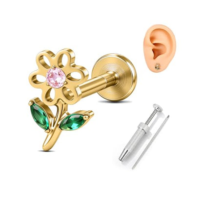 G23 Titanium Gold Filled 16G Cartilage Earring, 6mm 8mm - color: Flower, Gold, size: 6MM