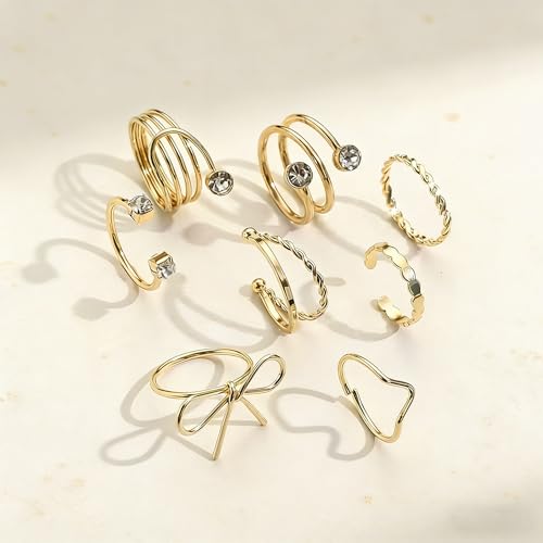 Chunky Gold Rings for Women Non Tarnish, Baroque Pearl Flower Tiger's Eye Stone Rings Adjustable Stacking Statement Rings Set Fashion Jewelry Gifts - style: Small diamond/Bow_gold
