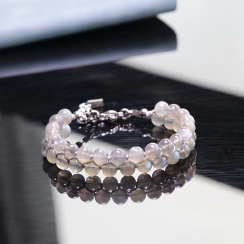 HASKARE Natural Crystal Labradorite Bracelet for Women Unique Beaded Bracelet Handcrafted 6MM Gemstone Protection Power Bead Bracelets with Adjustable Clasp, Good Luck Gift for Women Mom Girlfriend