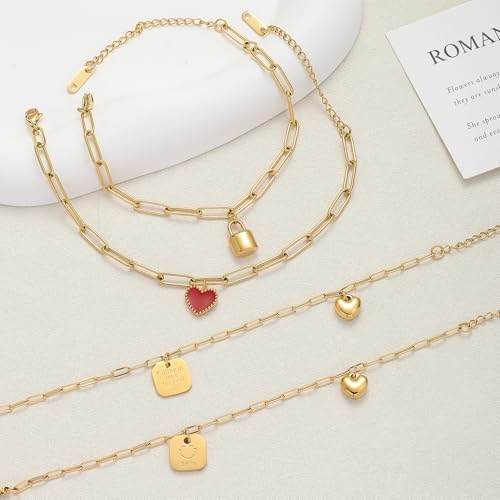 18K Gold Plated Paperclip Link Chain Bracelet with Charms, Gift with a Box - color: Red Heart