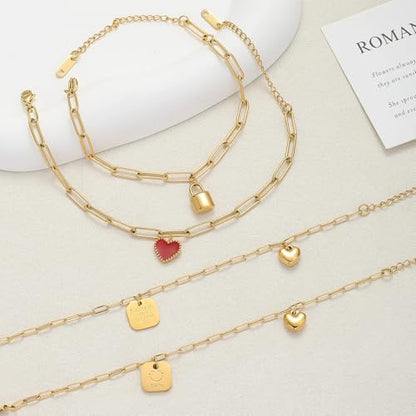 18K Gold Plated Paperclip Link Chain Bracelet with Charms, Gift with a Box - color: Heart and Smile