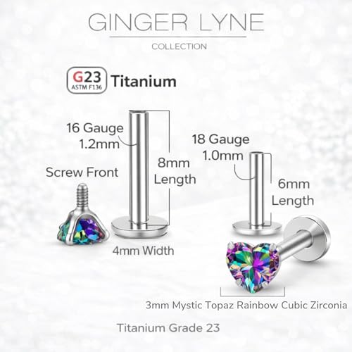 Titanium Heart CZ Labret Stud Earrings for Piercings by Ginger Lyne 6Pc Set G23 Screw Front Flat Back Body Jewelry 2 pair post 6mm, 8mm Cartilage, Helix, Tragus, Lip, Conch, Lobe - color: 3mm-MysticRainbow