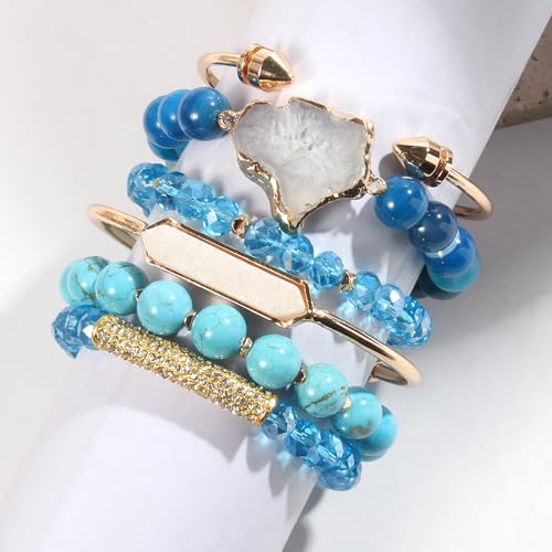 Yomisa 5PCS 6PCS Natural Boho Beaded Bracelets/Bangle for Women Men,Healing Turquoise Jasper Agate Crystal Gemstone Stone Chakra Multilayer Wrap Bohemian Handmade Jewelry Beads Stretch Bracelet Set - color: 6PCS-Sky blue