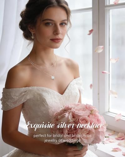 ACECHA Silver Necklace for Women, Dainty Layered Stack Set | silver plated, stackable, choker necklaces with cz pendant, ideal for daily prom wedding jewelry - color: silver-double clover