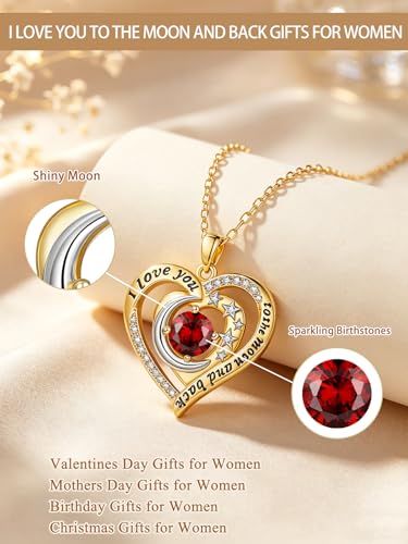 14K Gold I Love You to the Moon and Back Necklace for Women, Double Heart Birthstone Necklace, Moon Star Love Jewelry, Christmas Valentines Mothers Day Birthday Gifts for Wife Mom Girlfriend - color: 01-Jan Birthstone