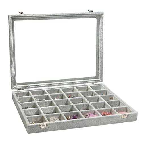 Stratalife Jewelry Organizer, Velvet Earring Storage Box, 13.78"x9.4" | 30 Grid Stackable Jewelry Tray with Clear Lid, Velvet Jewelry Box for Drawer, Necklace Trinket Display Organizer, Beige - color: Gray, size: 24 Grid