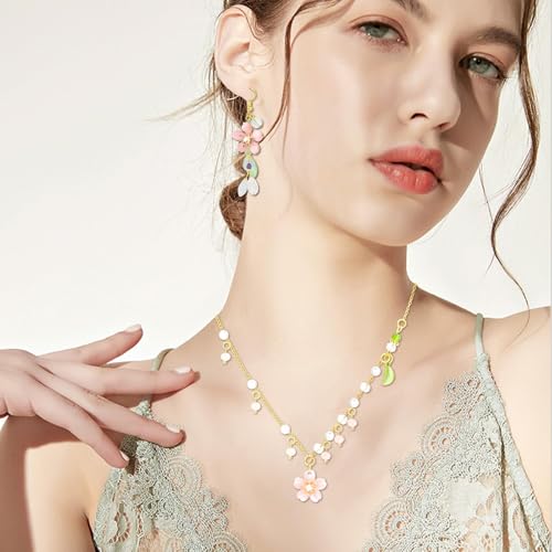 NEWITIN 4 Pieces Flower Jewelry Set for Women Fashion Costume Jewels Pink Flower Dangle Earrings Necklace Floral Beads Bracelet Gold Jewelry Set for Women - color: Pink Flower Jewelry Set