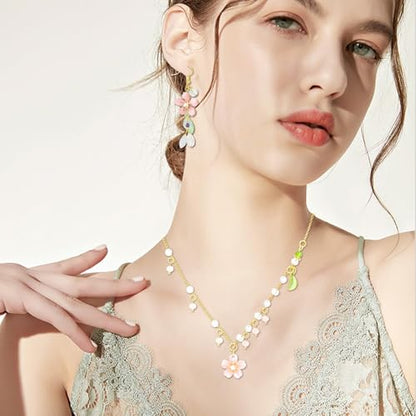NEWITIN 4 Pieces Flower Jewelry Set for Women Fashion Costume Jewels Pink Flower Dangle Earrings Necklace Floral Beads Bracelet Gold Jewelry Set for Women - color: Pink Flower Jewelry Set