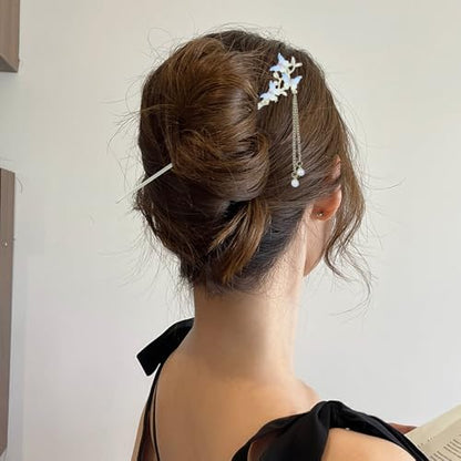 inSowni 8 Pieces Retro Asian Chinese Traditional Hanfu Butterfly Flower Metal Hair Sticks with Pearl Pendants Long Hair Pins Forks Chopsticks Bun Updo Holders for Women Girls - color: 8pcs Set E