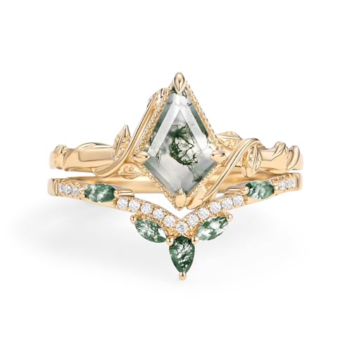 Natural Moss Agate Leafy Vintage Bridal Sets Wedding Rings for Women, 10K 14K 18K Solid Gold Kite-Cut Green Moss Agate and Moissanite Engagement Ring for Women Mother Her Jewelry Gift - color: 01-style1