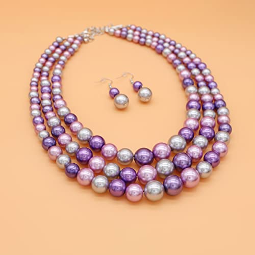 Chunky Layered Imitation Pearl Necklace for Women 3 strand Pearl Necklaces Faux Pearl Necklace Earrings Set 1920s Flapper Gatsby Costume Accessories - color: 3 strand pearl necklace purple grey