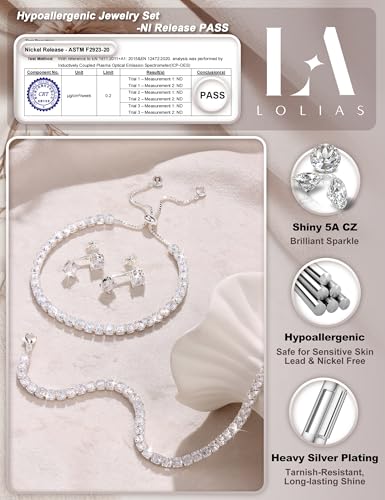LOLIAS Silver Jewelry Set for Women Tennis Necklace Bracelet Hypoallergenic | Wedding Jewelry Sets for Brides Bridemaid,Costume Party Prom Accessories,Chockers Necklace CZ Tennis Bracelet Earrings Studs - style: Tennis Necklaces Bracelet+Ear Jacket Earrin