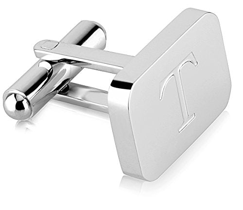 18K White-Gold Plated Initial Engraved Stainless Steel Men’s Cufflinks With Gift Box -Personalized Alphabet Letter’s A-Z By Lux & Pair - style: T- White Gold