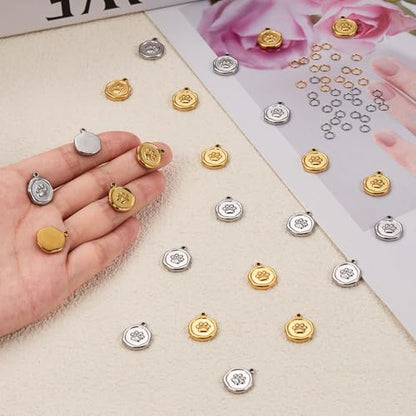 20pcs Stainless Steel Jewelry Making Charm Set Paw Charm Pendant for Women Necklace Bracelet DIY Bulk Charms - color: Paws Gold Silver