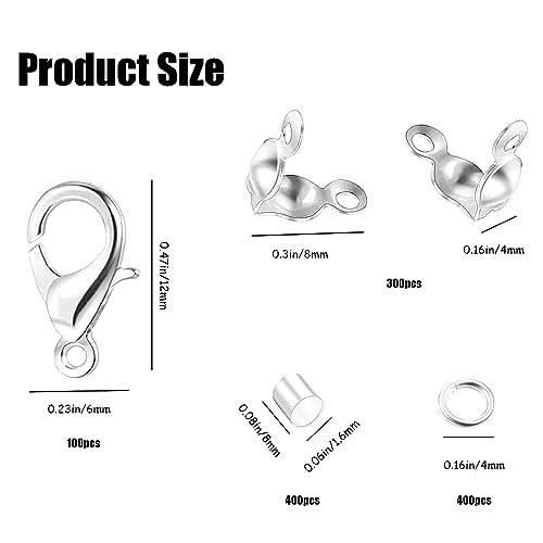 1200 Pcs Jewelry Making Accessories Set with 100 Pieces Lobster Claw Clasp 300 Pieces Bead Tips Knot Covers 400 Pieces Crimp Tube Beads and 400 Pcs Open Jump Ring Connectors for DIY Jewelry (Silver)