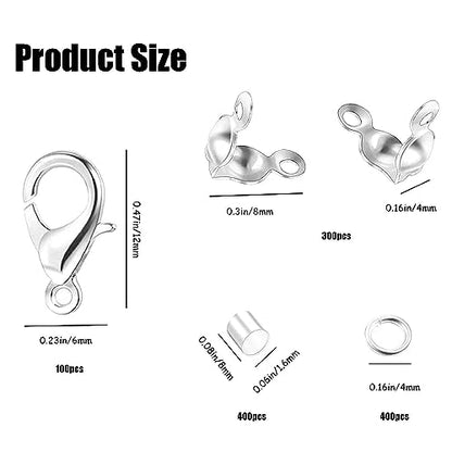 1200 Pcs Jewelry Making Accessories Set with 100 Pieces Lobster Claw Clasp 300 Pieces Bead Tips Knot Covers 400 Pieces Crimp Tube Beads and 400 Pcs Open Jump Ring Connectors for DIY Jewelry (Silver)