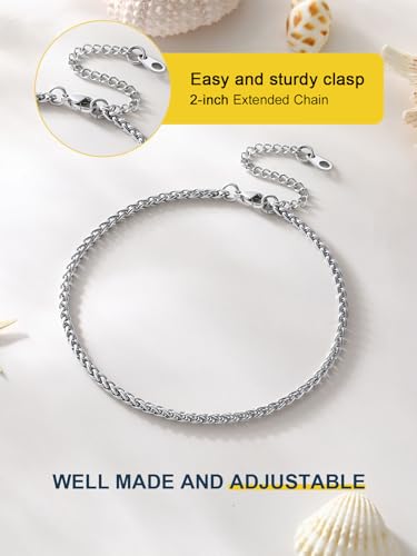 ChainsPro Resizable Anklet Chain for Women Men, Figaro/Wheat/Twist Rope/Cuban Foot Bracelet-Strong with Good Clasp-18K Gold Plated(Send Gift Box) - color: 10:wheat-Stainless