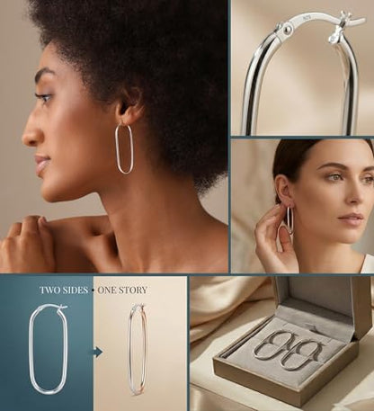 925 Sterling Silver Post Oval Hoop Earrings for Women | 18K Gold-Plated Large Hoops Earring-53mm - color: White-Gold