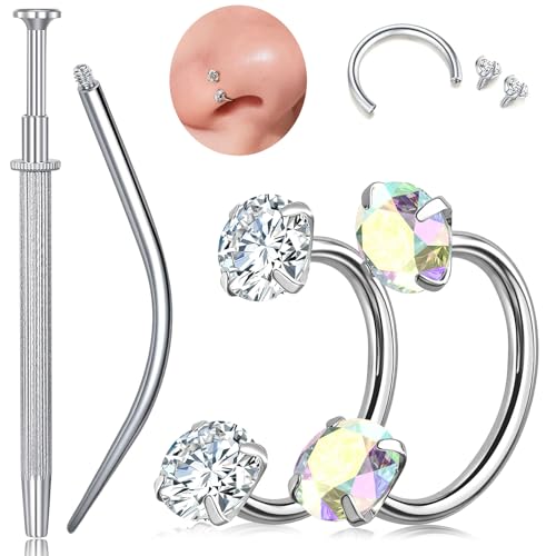 G23 Titanium Horseshoe Nose Ring 20G, 2 Pcs Double Gem Nose Ring for Women, 6mm 7mm 8mm Hypoallergenic Horseshoe Nose Rings Helix Tragus Earring Hoops Labret Lip Piercing Jewelry Small Septum Rings - color: 2Pcs-Silver-White & AB CZ