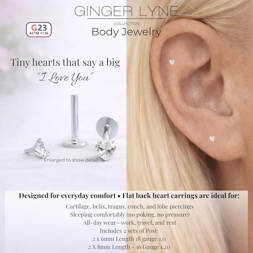 Titanium Heart CZ Labret Stud Earrings for Piercings by Ginger Lyne 6Pc Set G23 Screw Front Flat Back Body Jewelry 2 pair post 6mm, 8mm Cartilage, Helix, Tragus, Lip, Conch, Lobe - color: 3mm-Clear