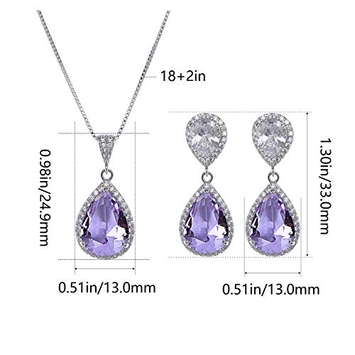 Elegant Jewelry Set for Women Silver Teardrop CZ Drop Earrings and Necklace | Square Teardrop Cubic Zirconia Rhinestone Jewelry Sets Bridal Jewelry Sets for Wedding Bride Bridesmaids Mother of Bride - style: Guardian Angel (Amethyst)