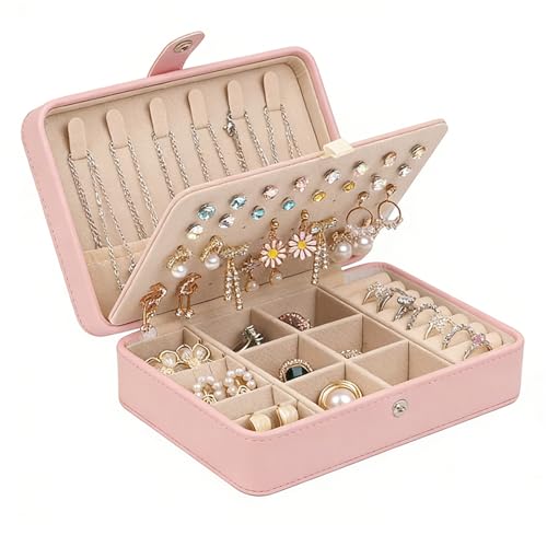Travel Jewelry Organizer Box, Small Jewelry Box Organizer with Necklace Hooks Ring Slots and Removable Dividers for Storage and Organization - color: Pink