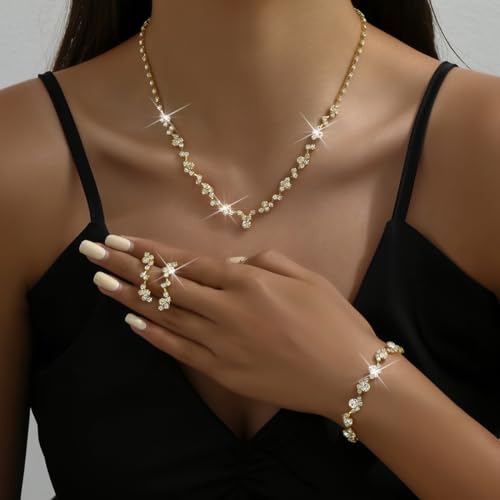 Prom Earrings Necklace Bracelet Set Elegant Crystal Rhinestone Necklace Earrings Bracelet Bridal Wedding Prom Dresses Costume Outfit Gold Jewelry Sets for Women - color: Gold