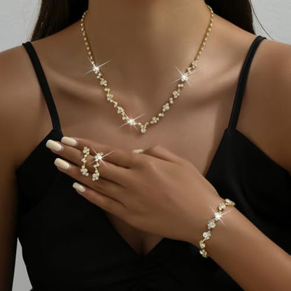 Prom Earrings Necklace Bracelet Set Elegant Crystal Rhinestone Necklace Earrings Bracelet Bridal Wedding Prom Dresses Costume Outfit Gold Jewelry Sets for Women - color: Gold