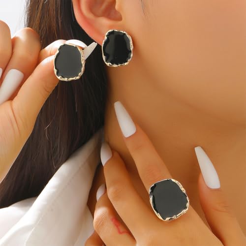 Statement Big Chunky Gold Black Two-tone Enamel Drip Ring Earrings Set for Women, Retro Large CZ Crystal Cocktail Rings Earring Geometric Jewelry Gift - color: Black 2