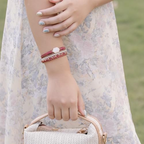 FANCY SHINY Crystal Beaded Leather Wrap Bracelet Stackable Boho Jewelry for Women Resin Stone Bangle Cuff with Magnetic Clasp - color: Burgundy
