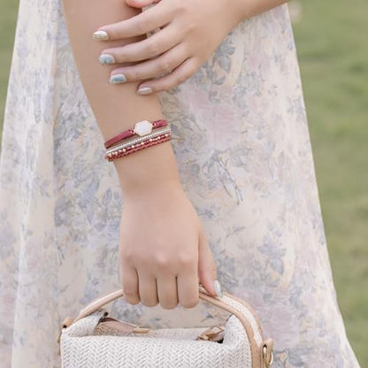 FANCY SHINY Crystal Beaded Leather Wrap Bracelet Stackable Boho Jewelry for Women Resin Stone Bangle Cuff with Magnetic Clasp - color: Burgundy