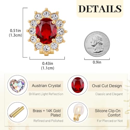 EVEVIC Oval Austrian Crystal Halo Clip On Earrings for Women | Oval Austrian Crystal with Zircon Halo,14K Gold-Plated,Silicone Comfort Pad,Gift Box Included,For Daily and Evening Events - color: Red