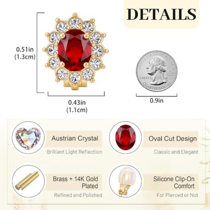 EVEVIC Oval Austrian Crystal Halo Clip On Earrings for Women | Oval Austrian Crystal with Zircon Halo,14K Gold-Plated,Silicone Comfort Pad,Gift Box Included,For Daily and Evening Events - color: Red
