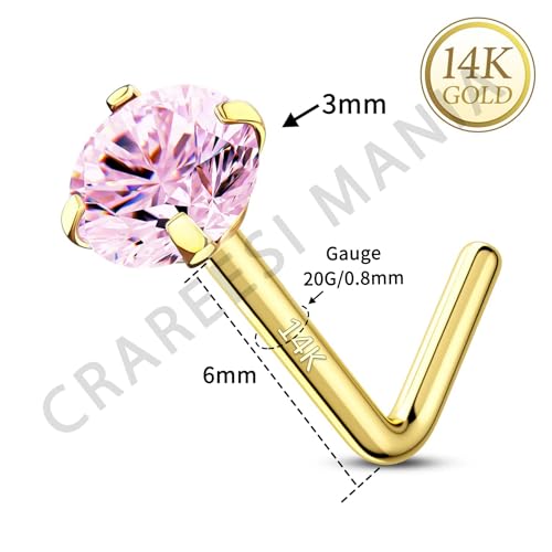 14K Real Gold Nose Studs 20G Nose Rings Studs L Shaped Nose Rings for Women Men Diamond CZ Nose Piercing - color: Yellow Gold-Round PKCZ