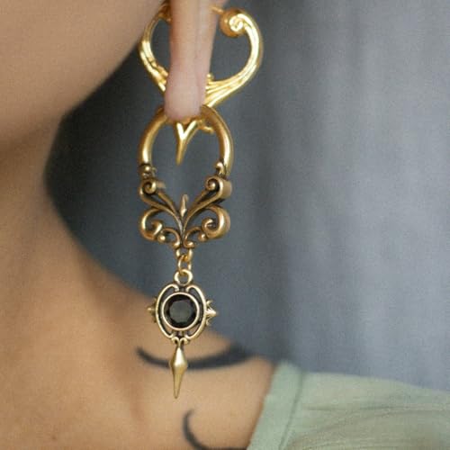 PUNKYOUTH Gothic Crest Dangle Drop Hoop Earrings Dark Alternative Piercing Jewelry 18G 1mm Antique Finish Ornate Scroll Cubic Zirconia Spike Statement Everyday Wear Accessories For Women Men - color: Crest earring-Gold