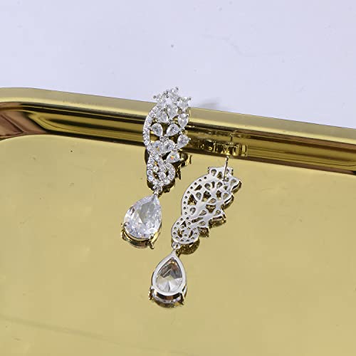 CZ Bridal Earrings for Wedding - 14k Plated Sterling Silver Elegant Teardrop Cubic Zirconia Crystal Rhinestone Floarl Leaf Cluster Chandelier Statement Dangle Drop Earrings for Bride Bridesmaids Party - color: 14K White Gold Plated