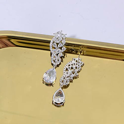 CZ Bridal Earrings for Wedding - 14k Plated Sterling Silver Elegant Teardrop Cubic Zirconia Crystal Rhinestone Floarl Leaf Cluster Chandelier Statement Dangle Drop Earrings for Bride Bridesmaids Party - color: 14K White Gold Plated