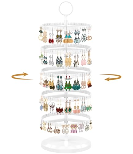 MODOWEY 5 Tier Rotating Earring Holder Organizer, Adjustable Metal and Plastic Stand Tree with 285 Grooves for Stud Hoop Pierced Dangle Display, Decluttered, Space-Saving Storage Rack for Women, White - color: Glossy White