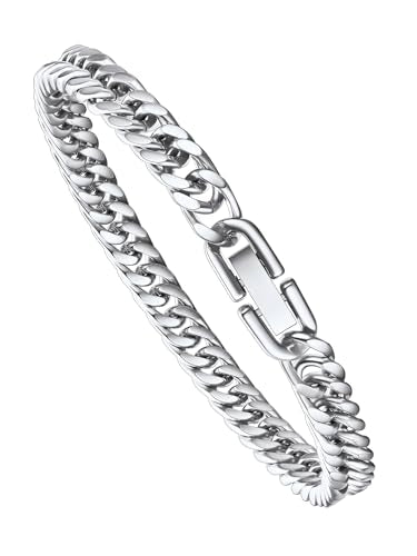 Richsteel Mens Cuban Link Bracelets, Silver/Black/14K Gold Plated Stainless Steel Bracelet for Men 8/12/17mm Width, 7.4/8.2/9 Inch Length Chain Wrist Bracelets With Gifts Box - style: 01-Steel 6mm Width