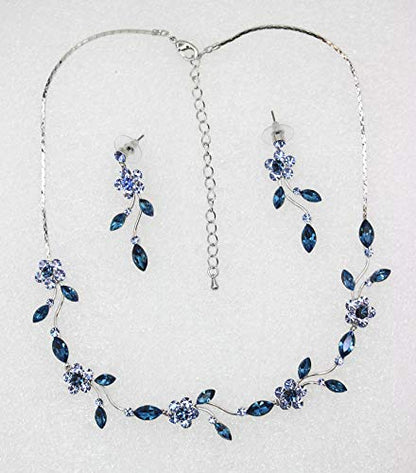 Faship Gorgeous Rhinestone Crystal Floral Necklace Earrings Set - color: Navy Blue