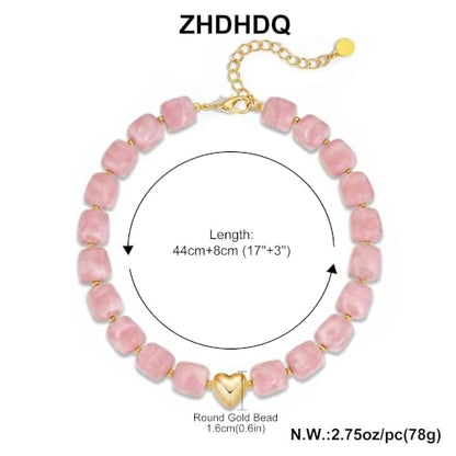Multicolor Beaded Necklace,Chunky Cube Beaded Statement Necklace, Boho Resin Choker Necklace for Women,Lightweight & Cool, Suitable for Beach, Vacation, Daily Wear & Summer Parties - color: Pink-Heart