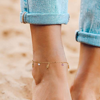 Gold Anklets for Women 14K Gold Plated Tiny Bead Anklet Colorful Tassel Foot Chain Dainty Adjustable Cute Summer Beach Boho Anklets Jewelry Gift - color: colorful star tassel