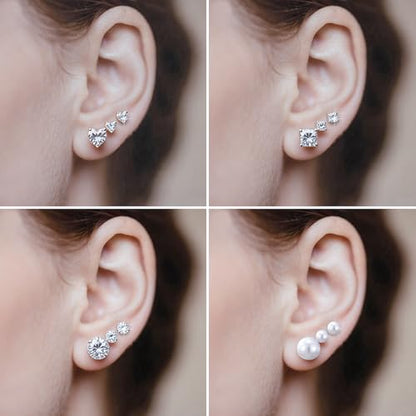 KISS WIFE CZ Stud Earrings Set for Women, Cubic Zirconia Stud Earrings in Multiple Sizes, Triangle Oval Heart Round Pearl Square Earrings, Hypoallergenic Silver Stud Earrings for Cartilage Piercing Jewelry - style: Heart+Round+Square+Pearl